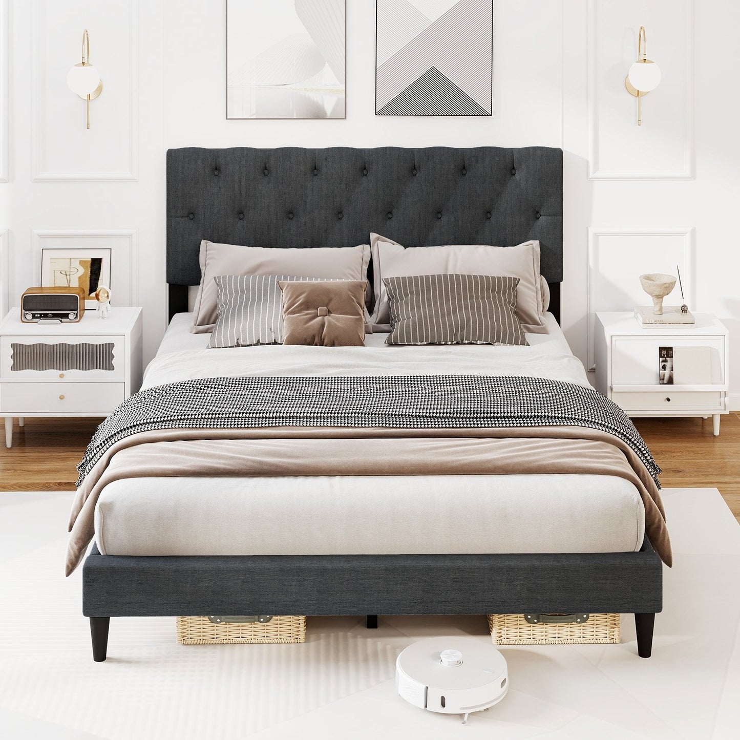 Upholstered Platform Bed with Tufted Headboard and Wooden Slats Gray-Twin Size