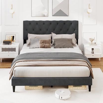 Upholstered Platform Bed with Tufted Headboard and Wooden Slats Gray-Twin Size