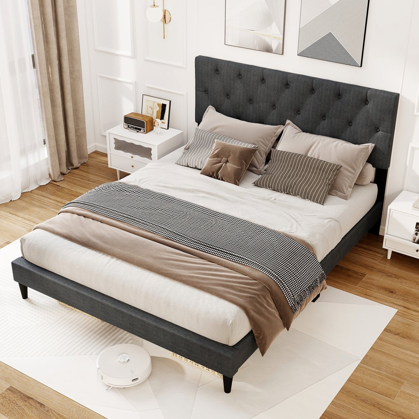 Upholstered Platform Bed with Tufted Headboard and Wooden Slats Gray-Twin Size