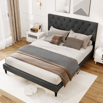 Upholstered Platform Bed with Tufted Headboard and Wooden Slats Gray-Twin Size