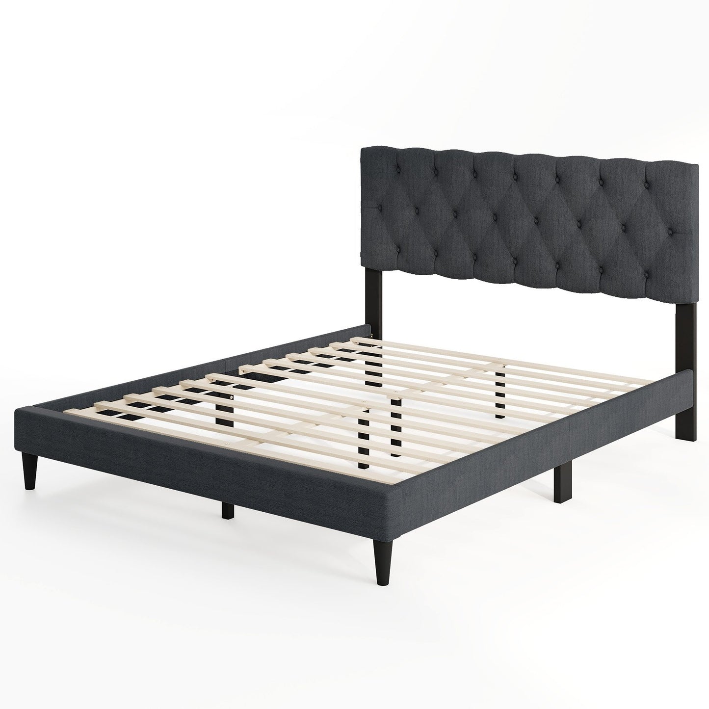 Upholstered Platform Bed with Tufted Headboard and Wooden Slats Gray-Twin Size