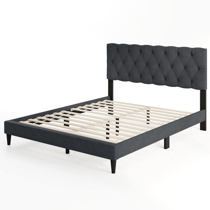 Upholstered Platform Bed with Tufted Headboard and Wooden Slats Gray-Twin Size