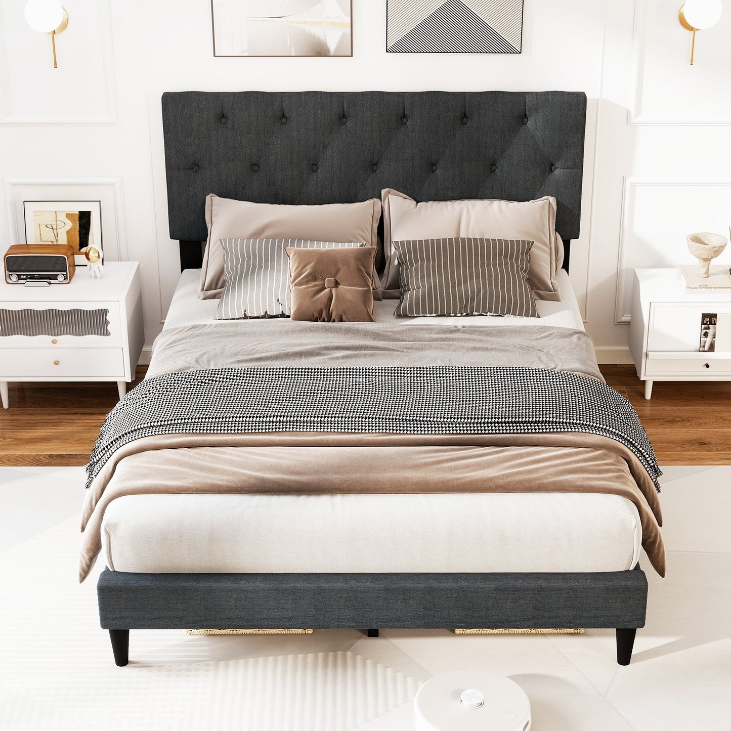 Upholstered Platform Bed with Tufted Headboard and Wooden Slats Gray-Twin Size