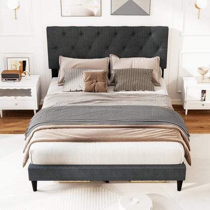 Upholstered Platform Bed with Tufted Headboard and Wooden Slats Gray-Twin Size