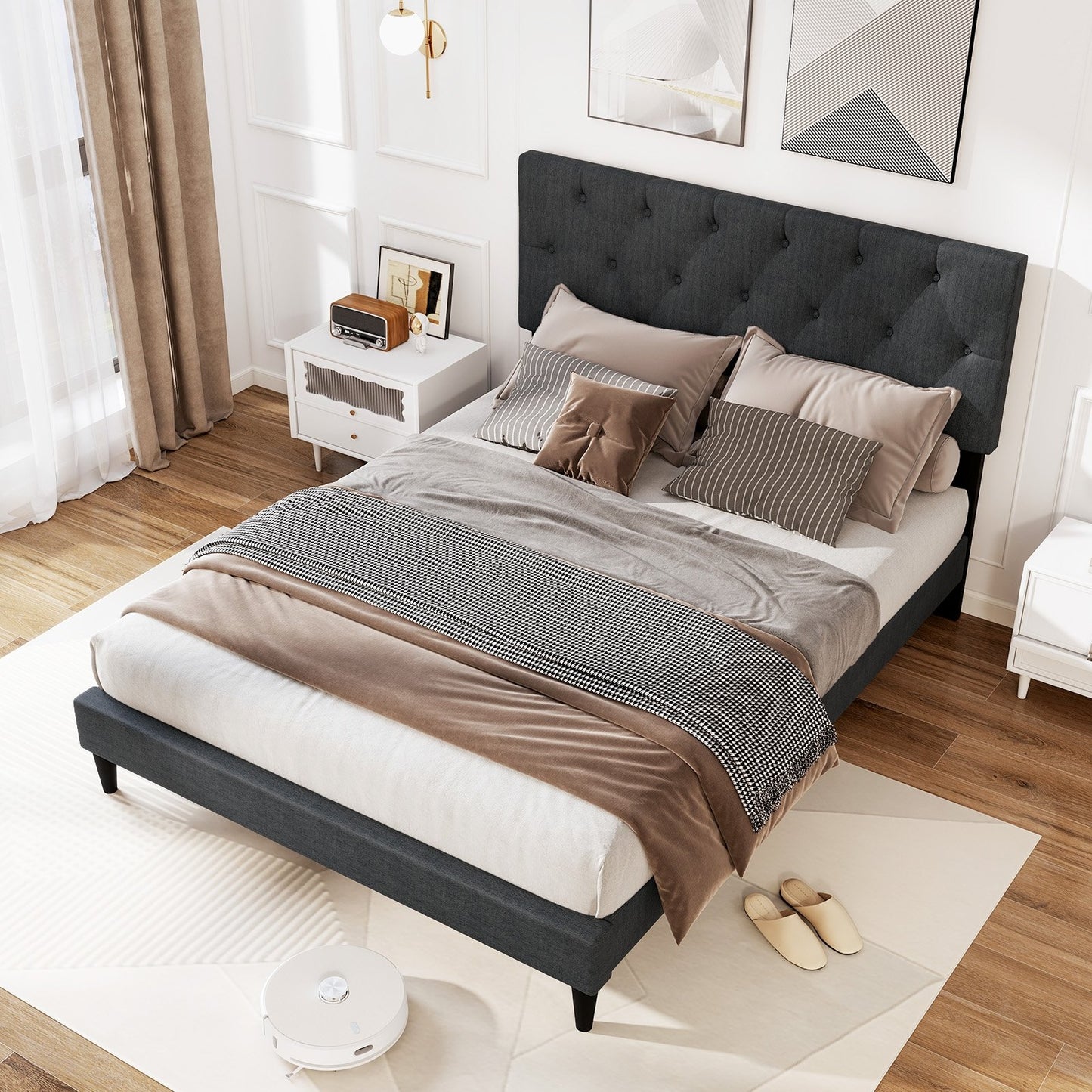 Upholstered Platform Bed with Tufted Headboard and Wooden Slats Gray-Twin Size