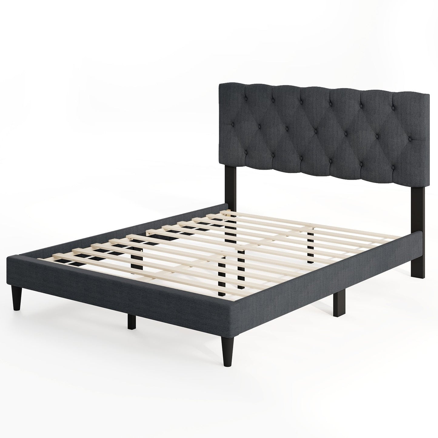 Upholstered Platform Bed with Tufted Headboard and Wooden Slats Gray-Twin Size