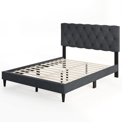 Upholstered Platform Bed with Tufted Headboard and Wooden Slats Gray-Twin Size