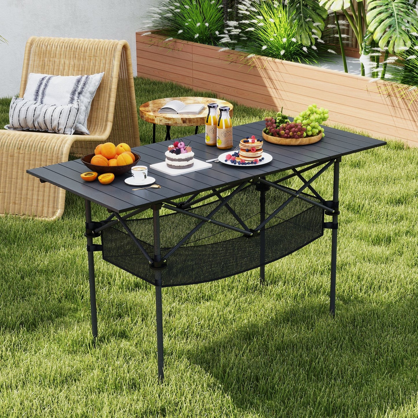 Patio Folding Camping Table with Roll-up Tabletop and Mesh Basket-Black