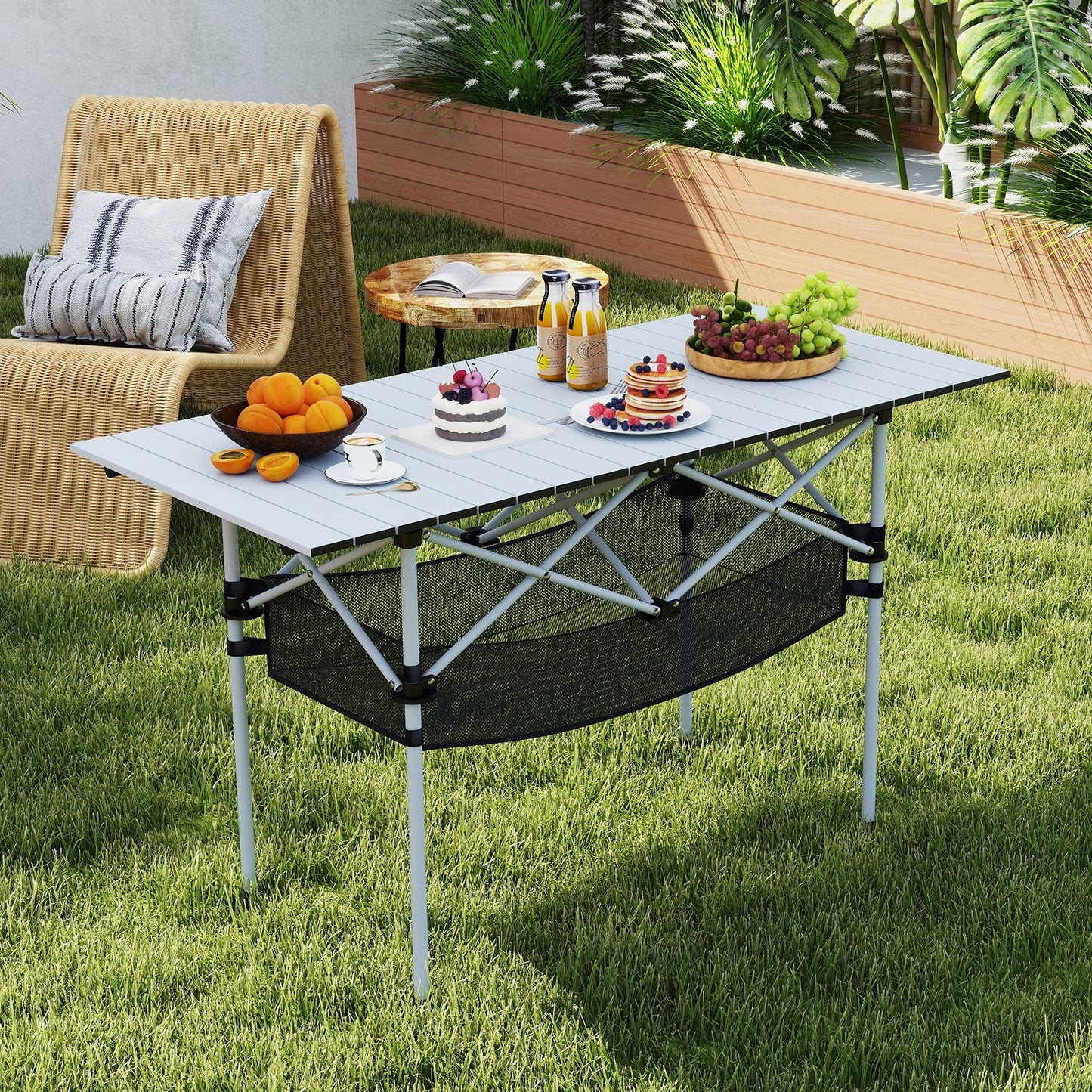 Patio Folding Camping Table with Roll-up Tabletop and Mesh Basket-Black