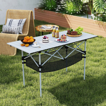 Patio Folding Camping Table with Roll-up Tabletop and Mesh Basket-Black