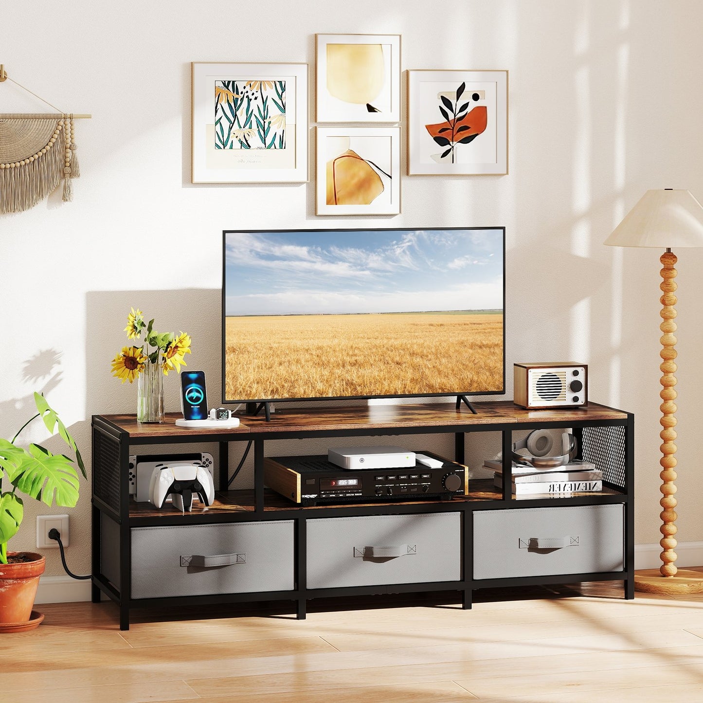 TV Stand for TVs up to 65 Inches with Power Outlets USB Charging-Natural
