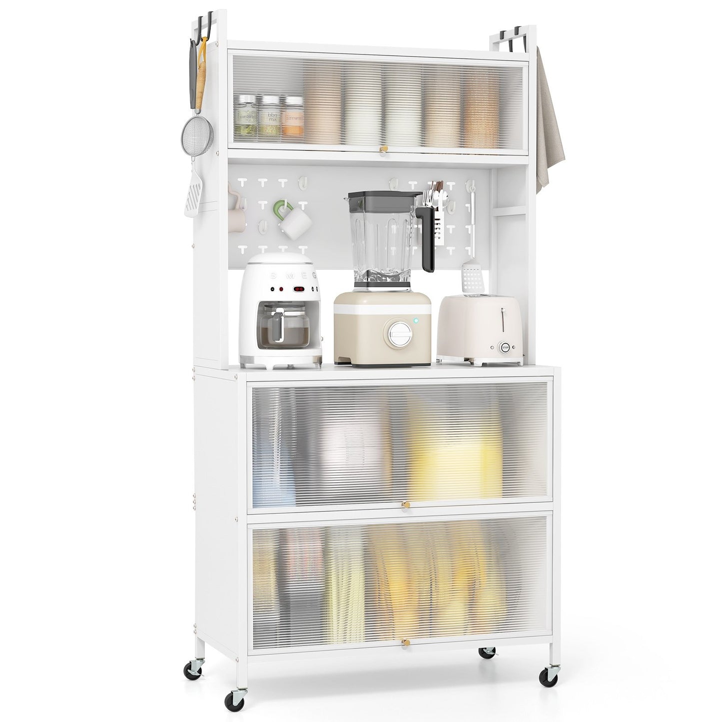 5 Tier Kitchen Bakers Rack with Lights Multifunctional Microwave Stand with Flip Door Cabinets-Black