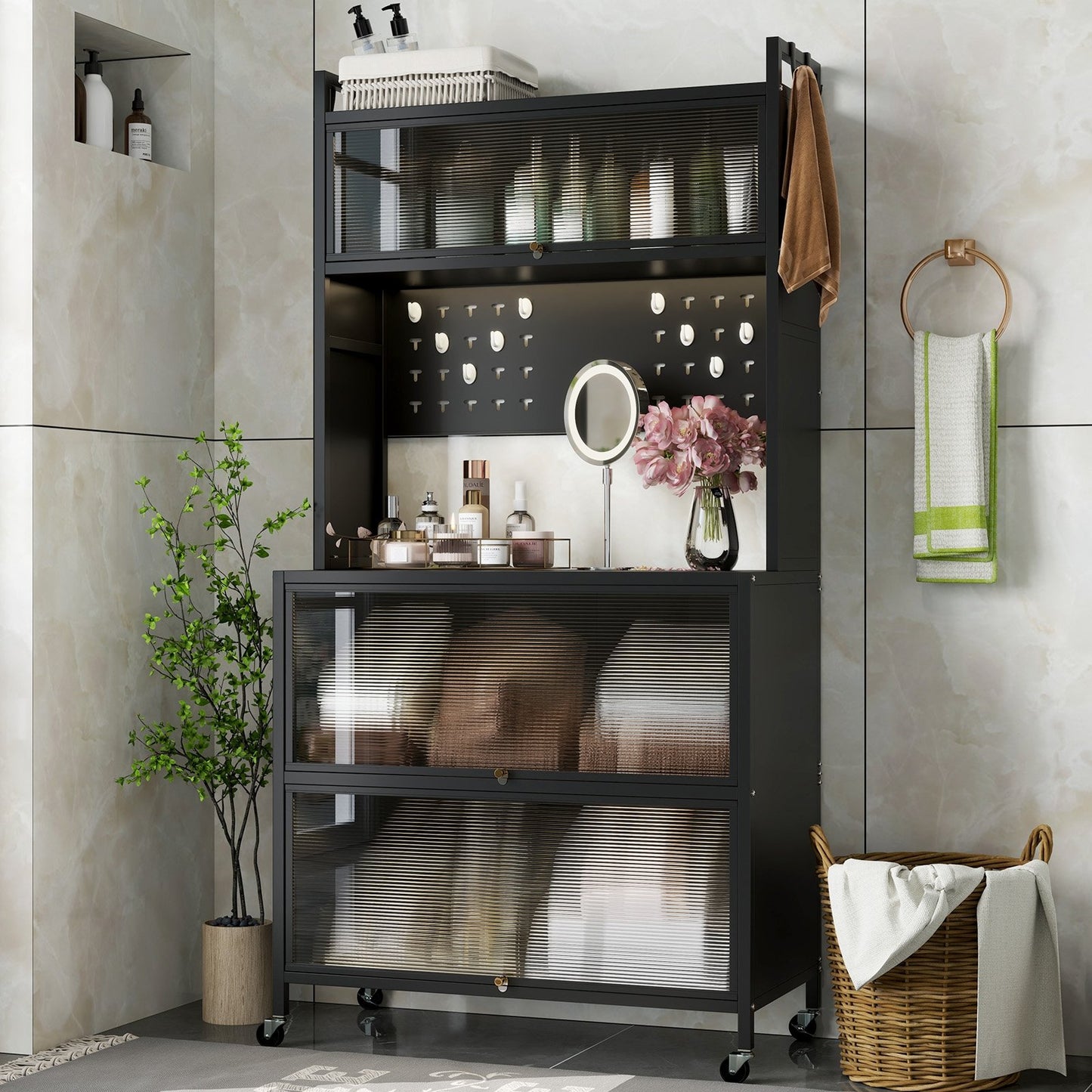 5 Tier Kitchen Bakers Rack with Lights Multifunctional Microwave Stand with Flip Door Cabinets-Black