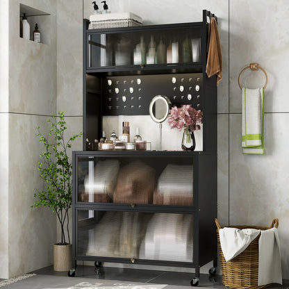 5 Tier Kitchen Bakers Rack with Lights Multifunctional Microwave Stand with Flip Door Cabinets-Black