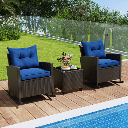3-Piece Patio Rattan Roker Chairs with Tempered Glass Table and Soft Cushions-Beige