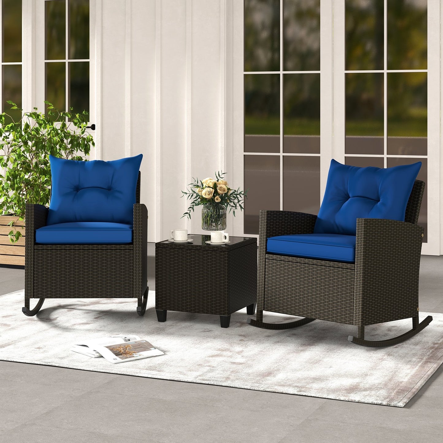 3-Piece Patio Rattan Roker Chairs with Tempered Glass Table and Soft Cushions-Beige