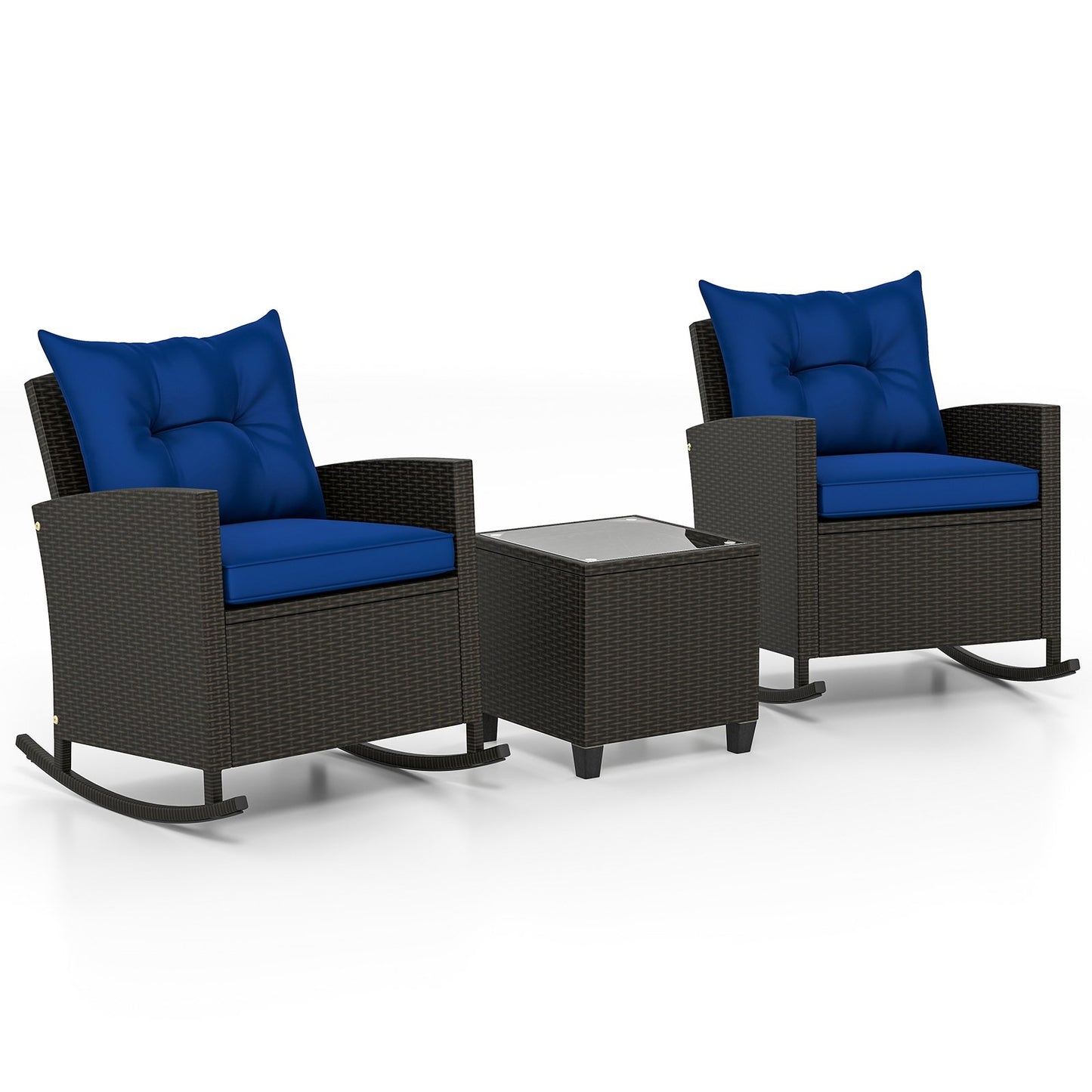3-Piece Patio Rattan Roker Chairs with Tempered Glass Table and Soft Cushions-Beige