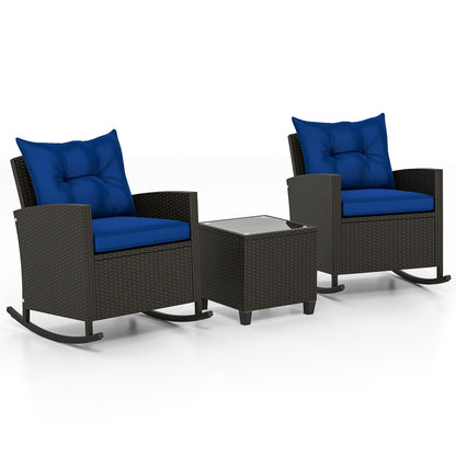 3-Piece Patio Rattan Roker Chairs with Tempered Glass Table and Soft Cushions-Beige