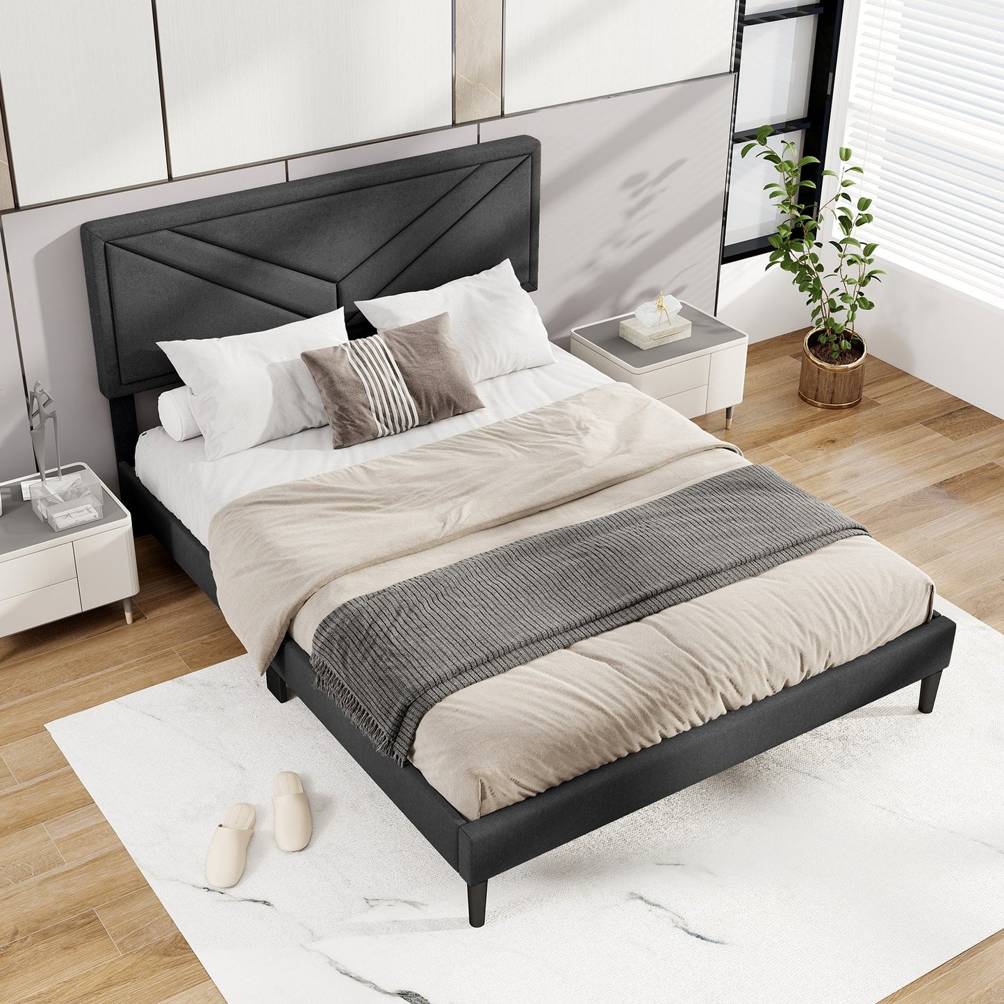 Upholstered Platform Bed with Tufted Headboard and Wooden Slats-Full Size