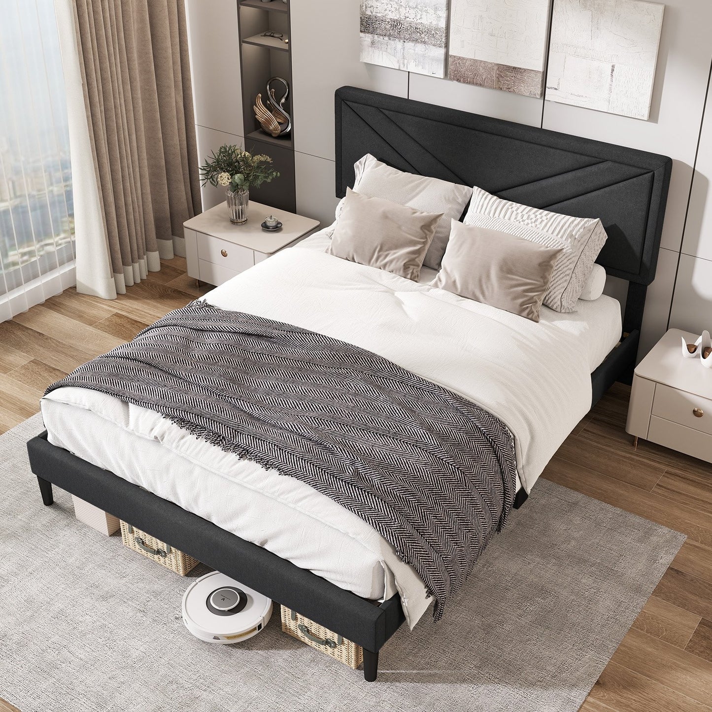 Upholstered Platform Bed with Tufted Headboard and Wooden Slats-Full Size