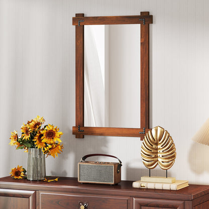 Wood Framed Mirror with Acacia Wood Frame and Vintage Rivet Design Brown-S