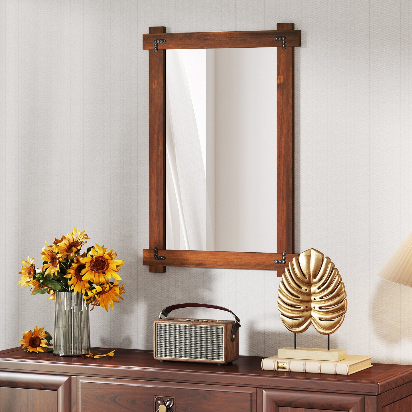 Wood Framed Mirror with Acacia Wood Frame and Vintage Rivet Design Brown-M