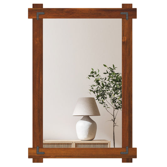 Wood Framed Mirror with Acacia Wood Frame and Vintage Rivet Design Brown-M