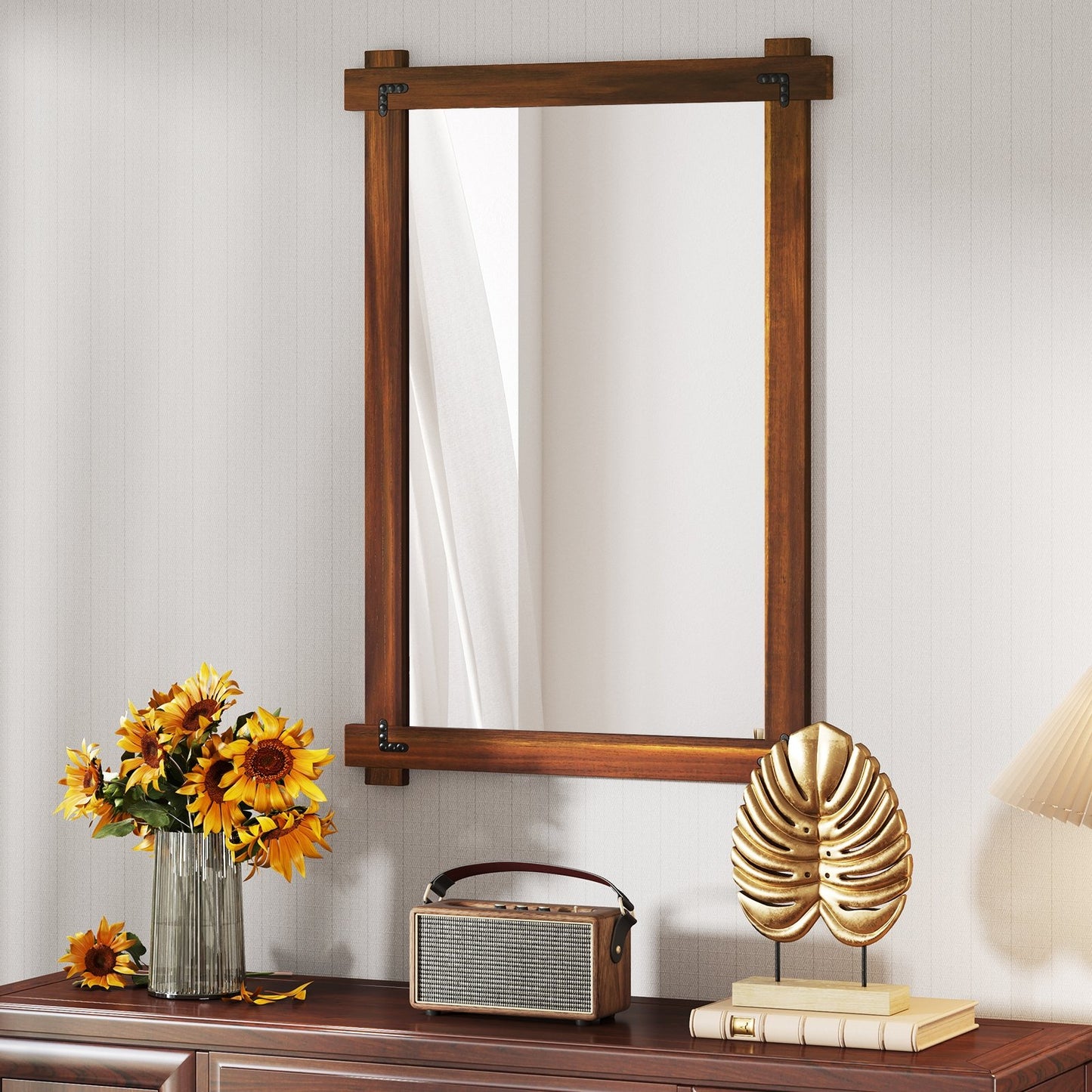 Wood Framed Mirror with Acacia Wood Frame and Vintage Rivet Design Brown-S
