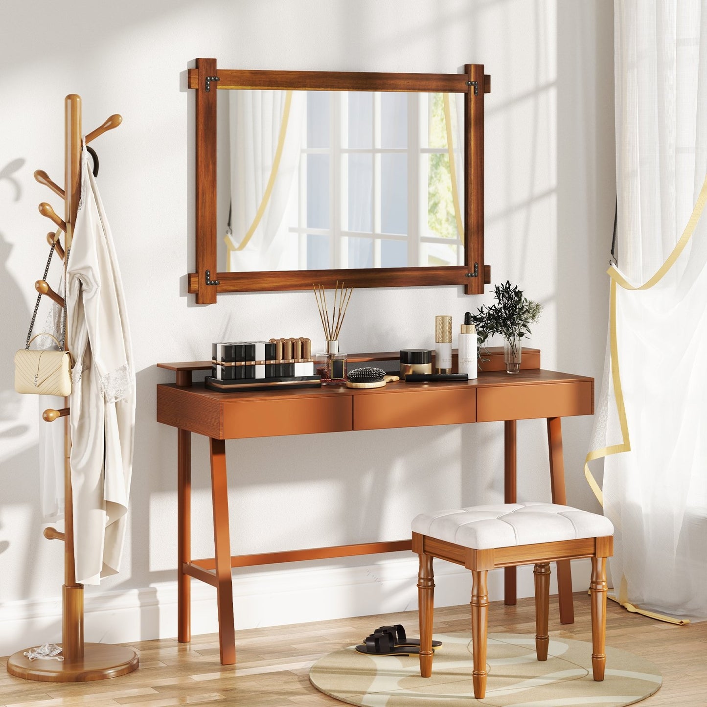 Wood Framed Mirror with Acacia Wood Frame and Vintage Rivet Design Brown-S