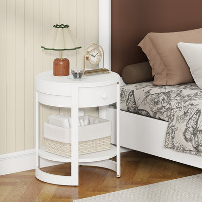 2-Tier Round End Table Mid Century Modern Nightstand with Drawer and Shelf