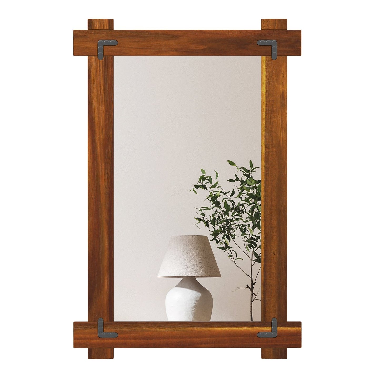 Wood Framed Mirror with Acacia Wood Frame and Vintage Rivet Design Brown-S