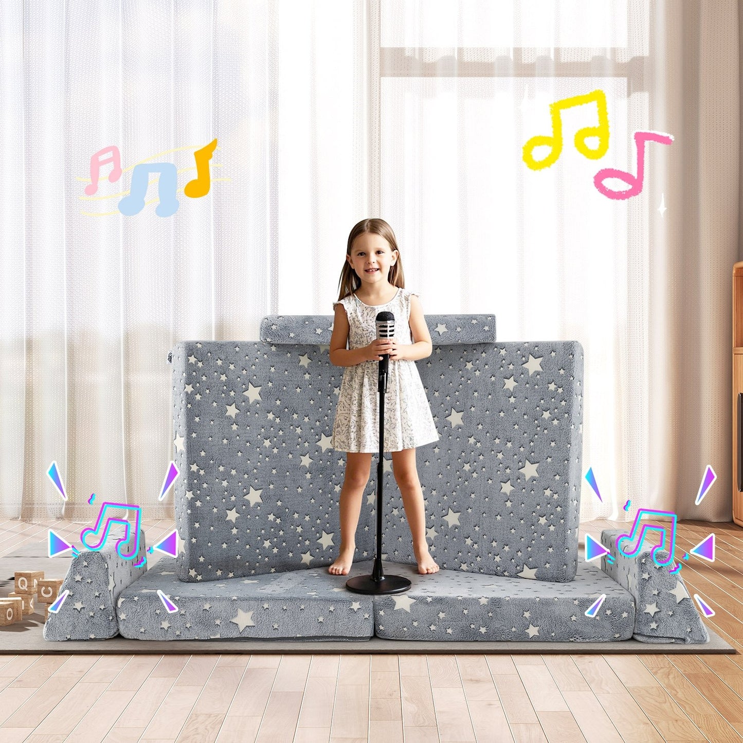 8 Pieces Modular Kids Play Couch Glow in the Dark Toddler Sectional Sofa-Gray