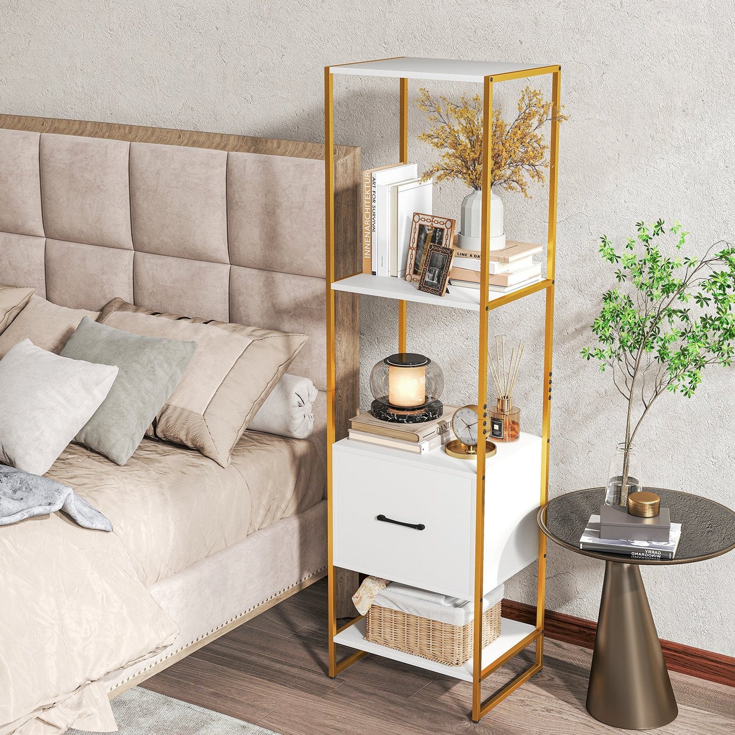 5-Tier Narrow Bookcase with 4 Open Shelves and Storage Drawer-Rustic Brown