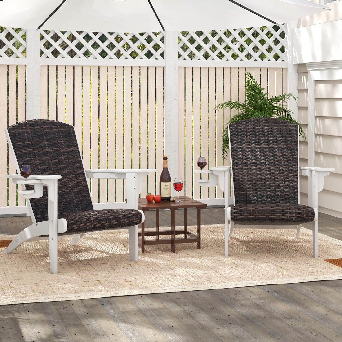 Patio Adirondack Chair with Rattan Padded Seat and Hidden Cupholder-Black