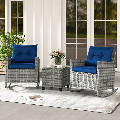 3-Piece Patio Rattan Roker Chairs with Tempered Glass Table and Soft Cushions-Beige