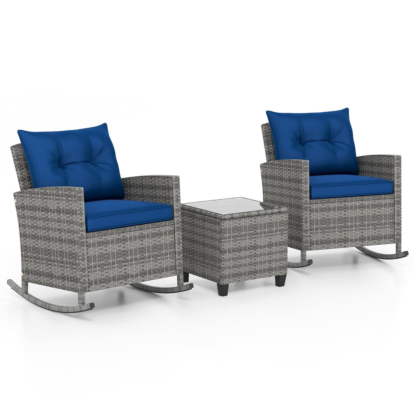 3-Piece Patio Rattan Roker Chairs with Tempered Glass Table and Soft Cushions-Beige
