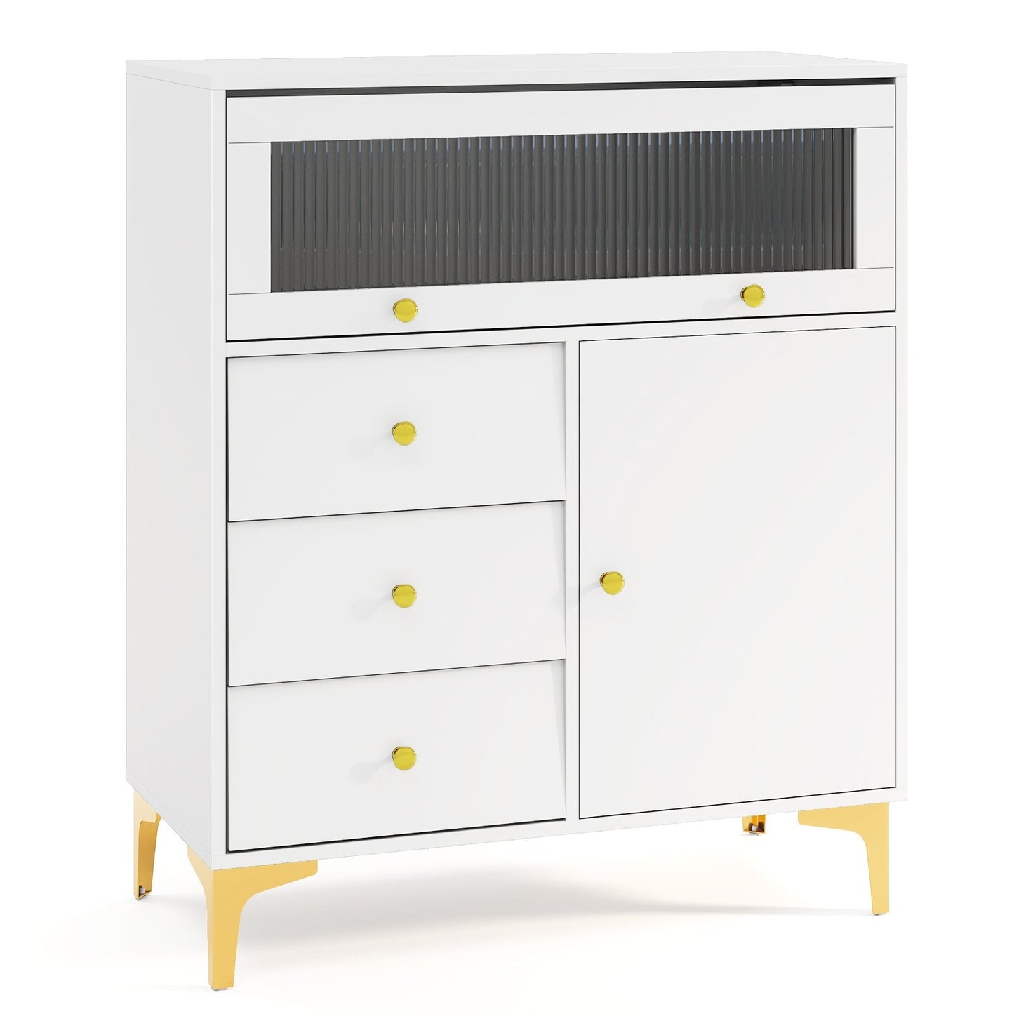 Chest of Drawers with Flip Up Fluted Glass Door for Bedroom Kitchen-Gray