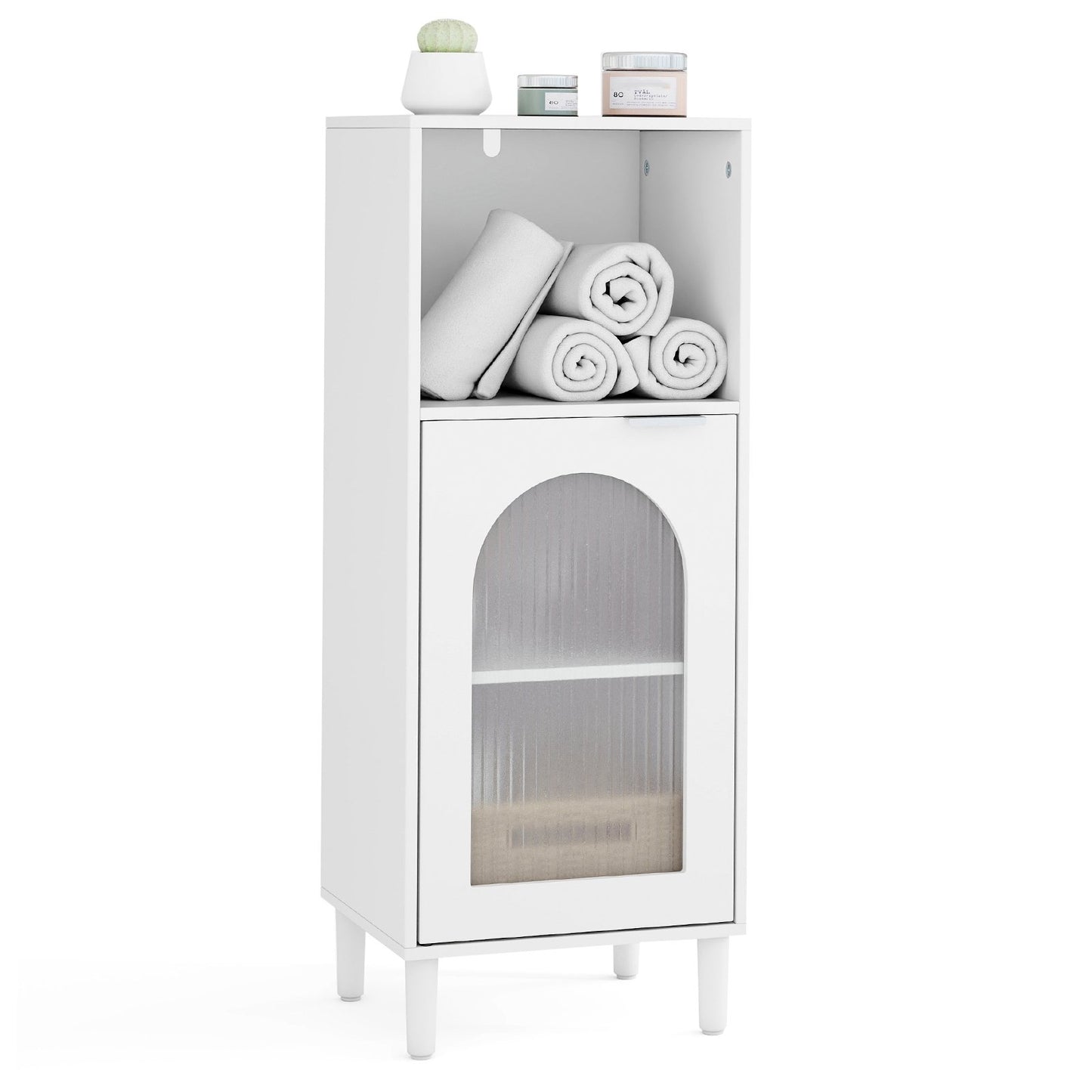 Bathroom Floor Cabinet Wood Side Storage Organizer with Adjustable Shelf-White