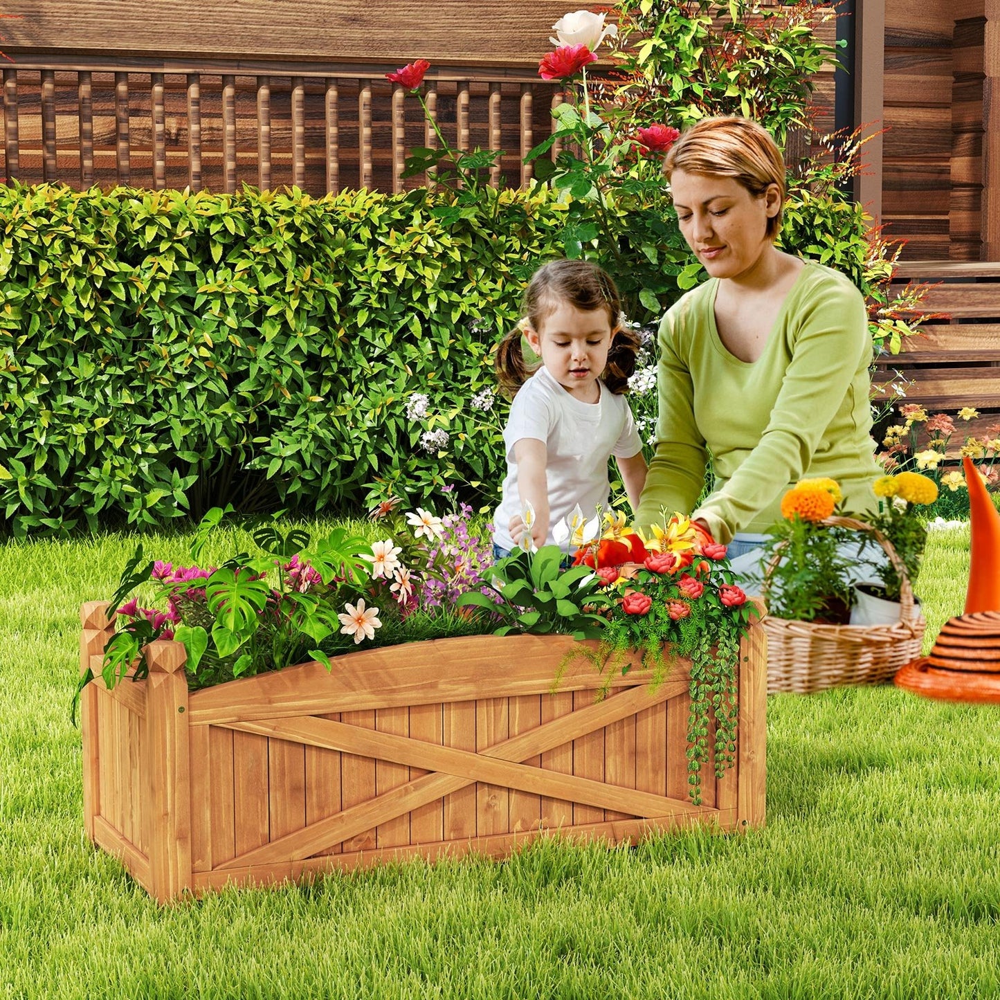 Wooden Raised Garden Bed  Drainage Holes for Patio Garden-L