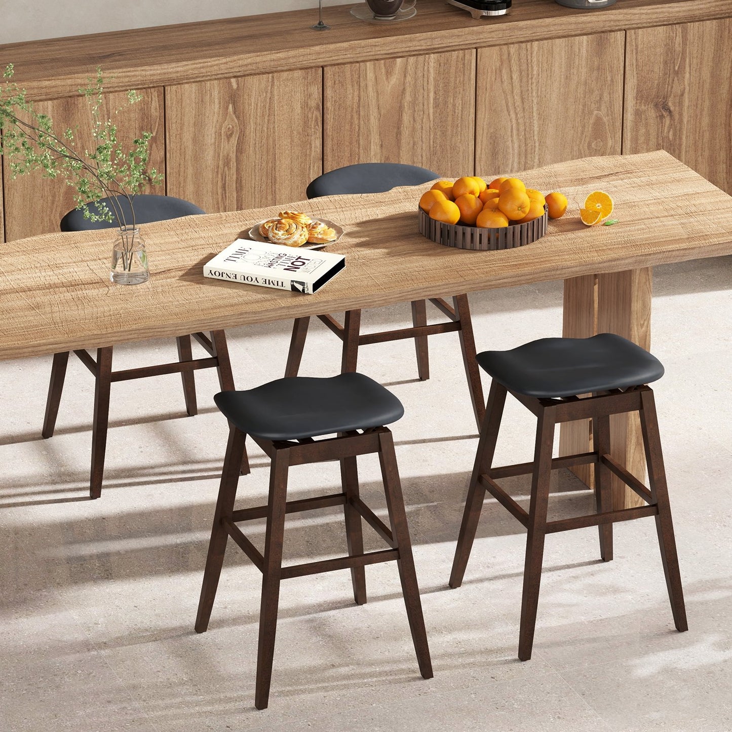 Swivel Bar Stools Set of 2 with Padded Contoured Seat and Footrest-Black & Brown