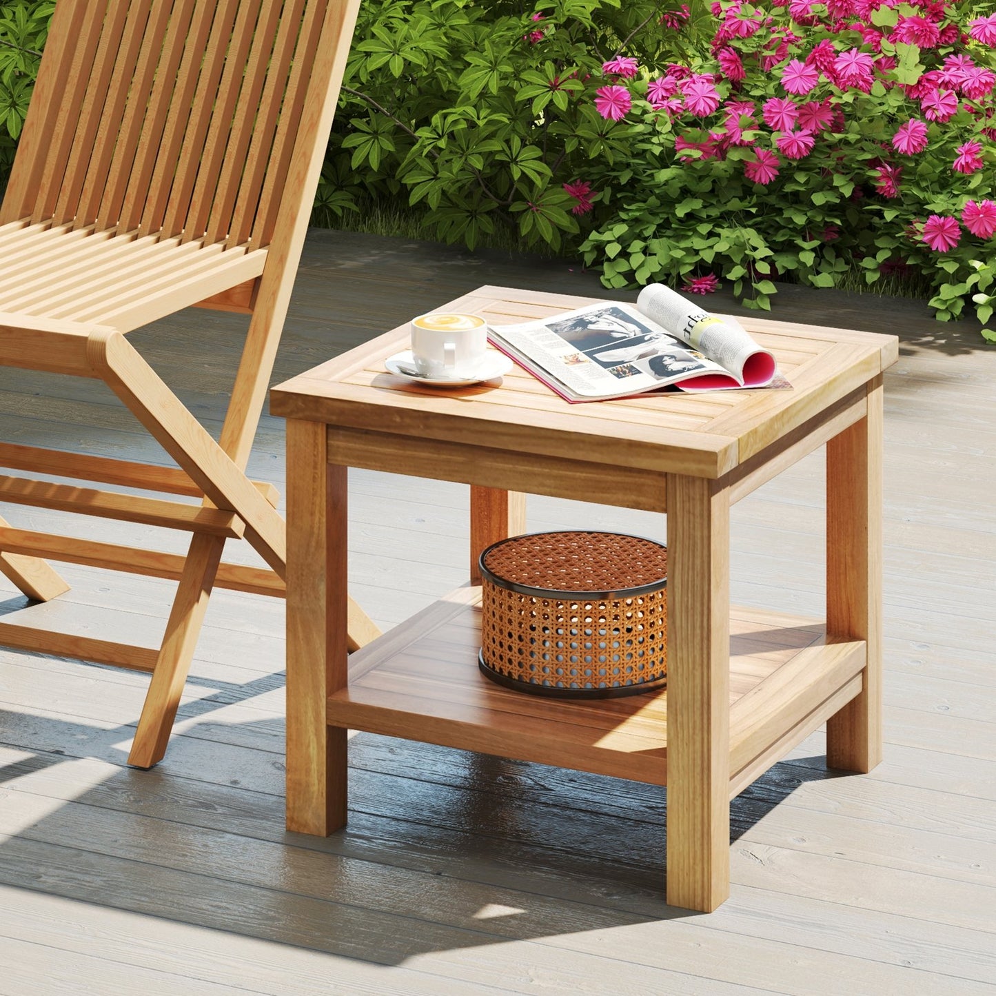 Teak wood square side table with open shelf, perfect for small outdoor spaces, from Wilsons Home Store.