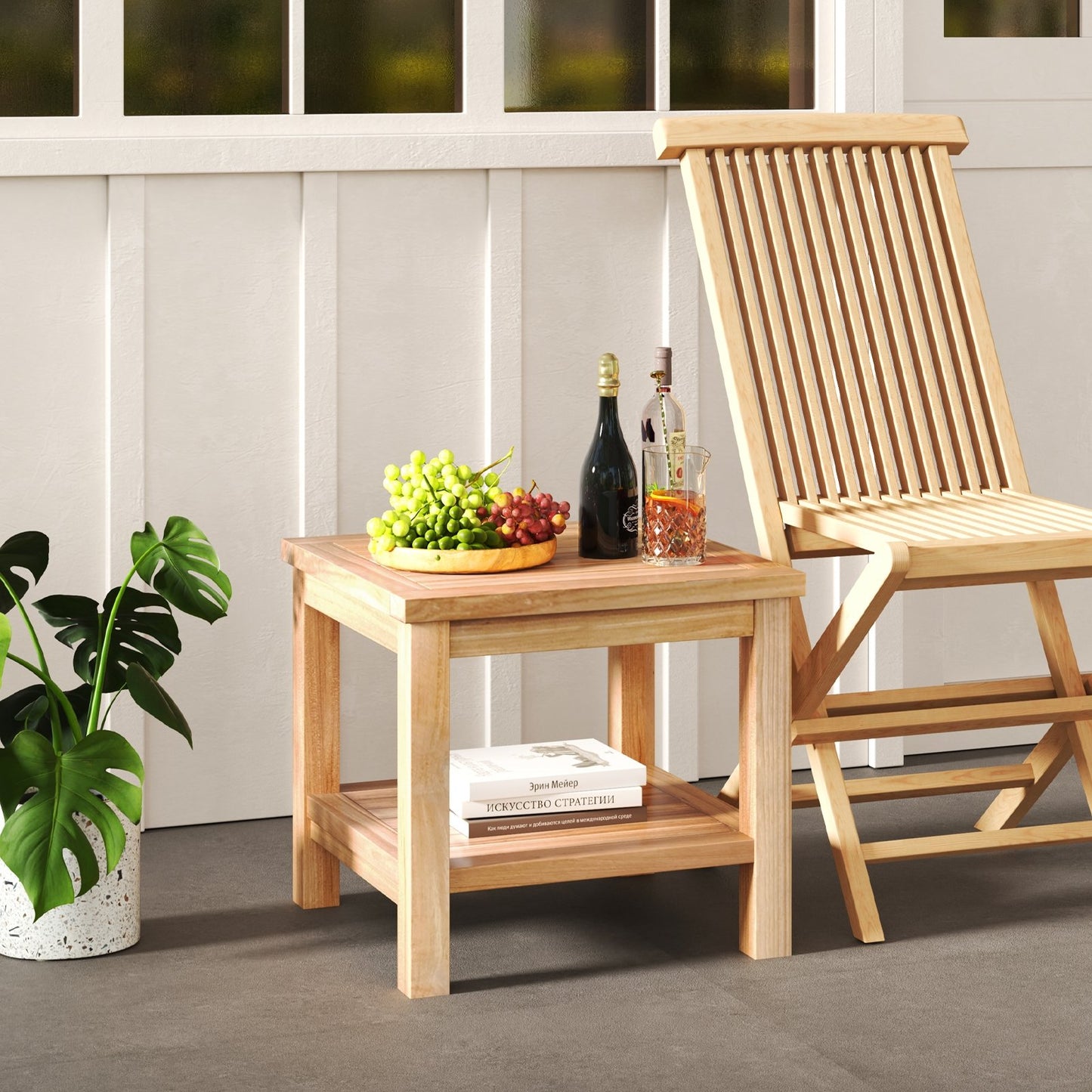 Teak wood square side table with open shelf for outdoor patio, ideal for small spaces, by Wilsons Home Store