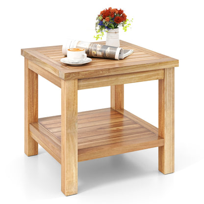 Teak wood square outdoor side table with open shelf for small spaces, ideal for patio or outdoor living areas.