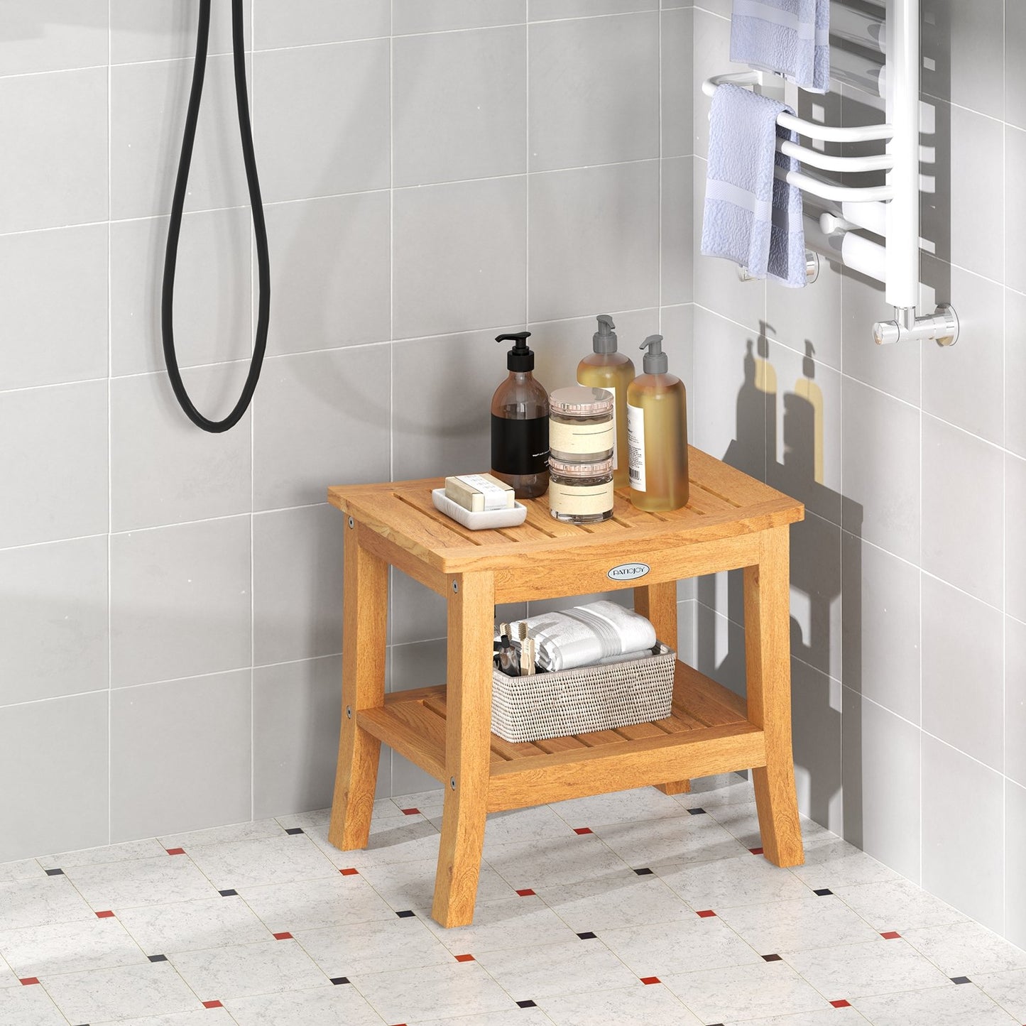 20 Inches Non-slip Shower Bench with Storage Shelf and Curved Top