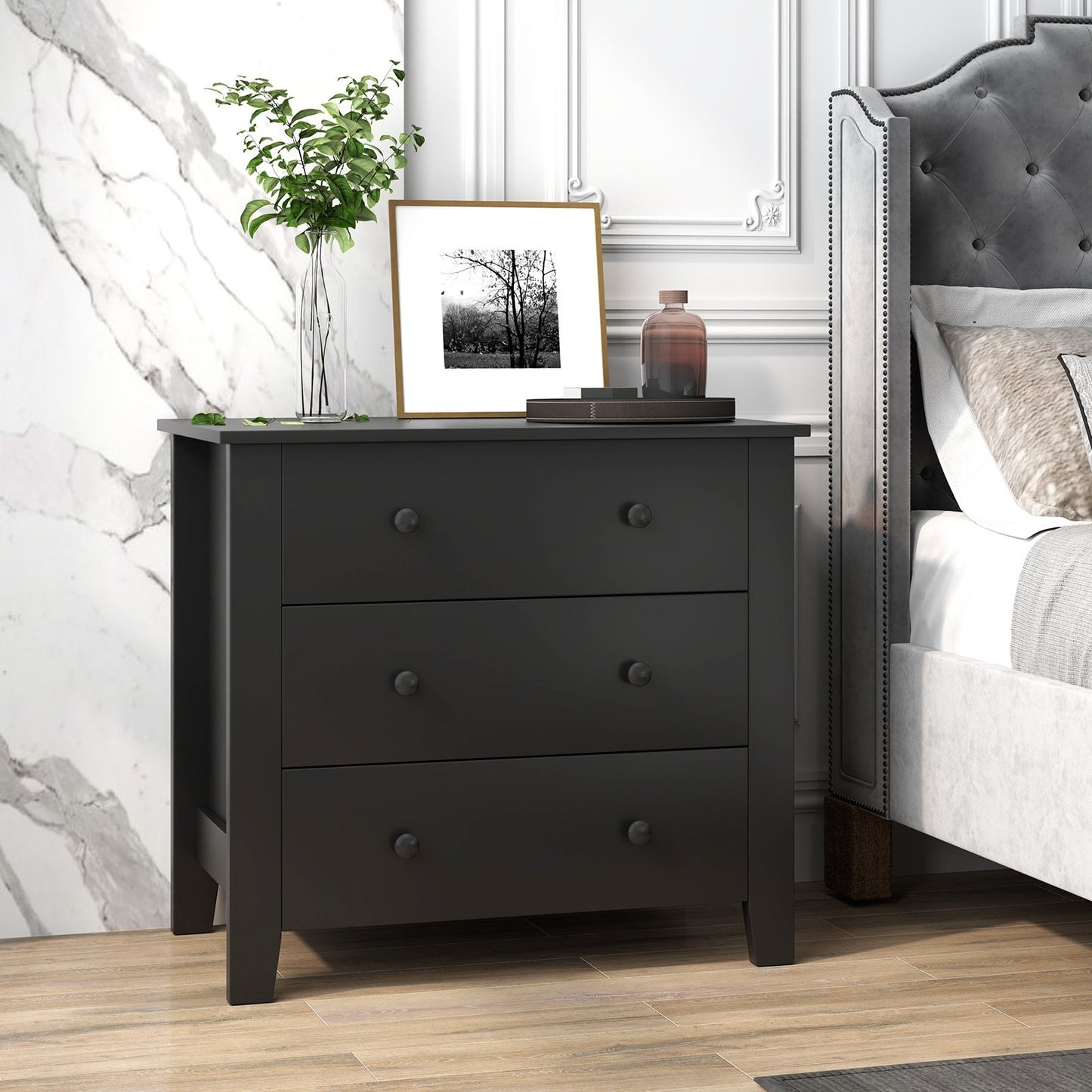 3 Drawer Dresser Chest of Drawers Bedside Table-Black