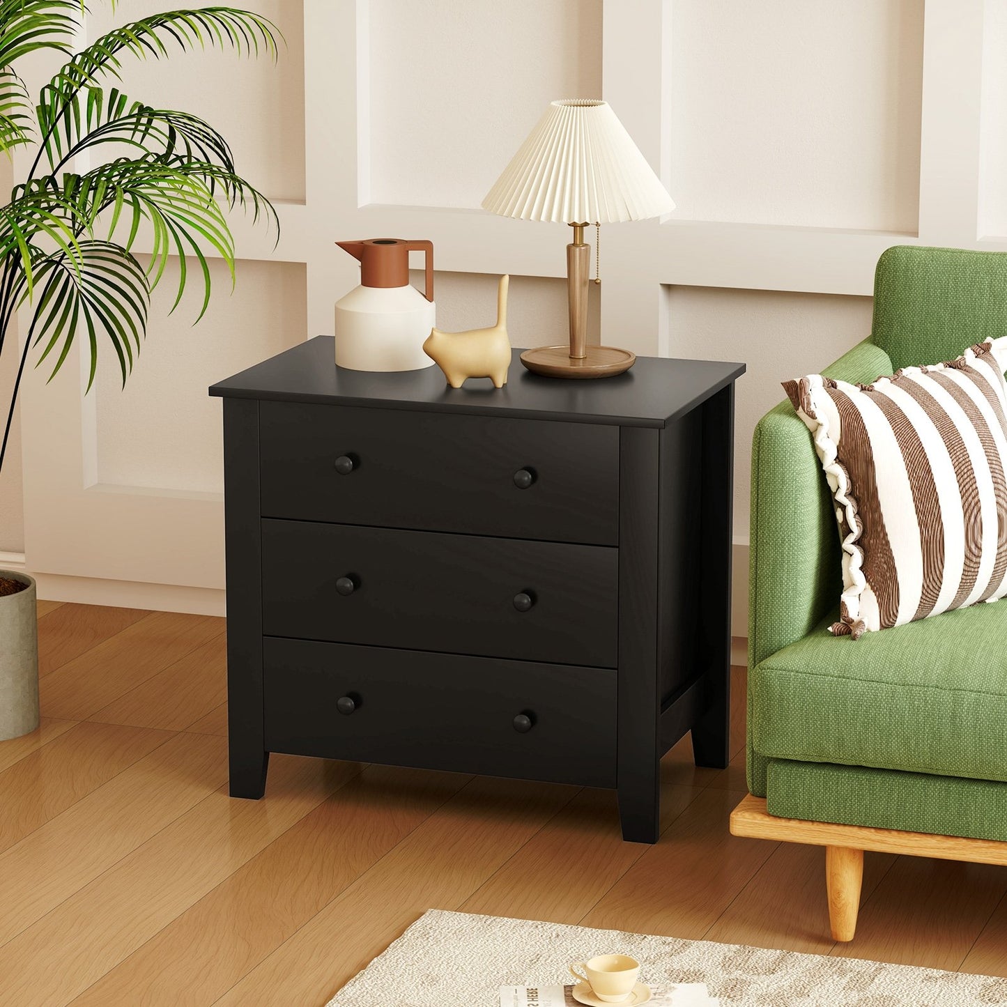 3 Drawer Dresser Chest of Drawers Bedside Table-Black