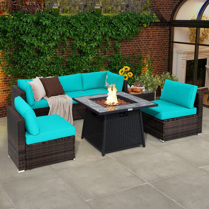7 Pieces Patio Furniture Set with 35 Inches 50000 BTU Propane Gas Fire Pit Table and Waterproof Cover for Firpit-Beige