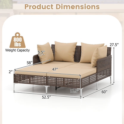 Outdoor Rattan Double Daybed Wicker Chaise Lounge-Brown