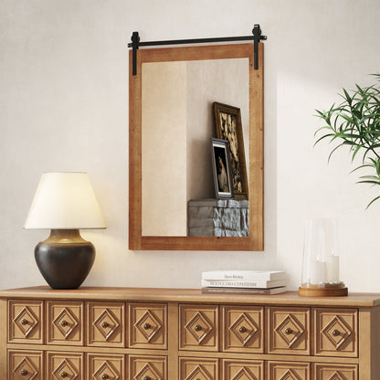 Rustic Wood Frame Barn Door Style Farmhouse Wall Mirror-Black