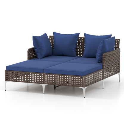 Outdoor Rattan Double Daybed Wicker Chaise Lounge-Brown